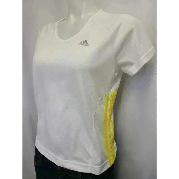 Adidas Climalite White Tee Top Yellow Three Stripe Logo Activewear Medium - Picture 4 of 14